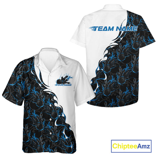Front and back view of a white button-up bowling shirt mockup featuring blue and black flame bowling pattern with dynamic sporty bowling graphics.
