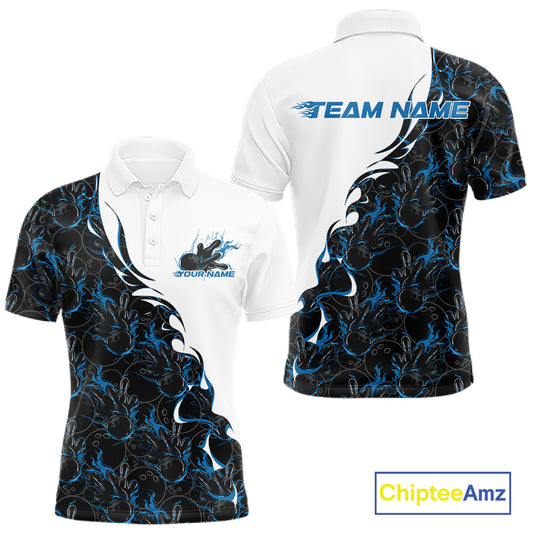 Front and back view of a white mens bowling polo shirt mockup featuring blue and black flame bowling pattern with dynamic sportswear design.