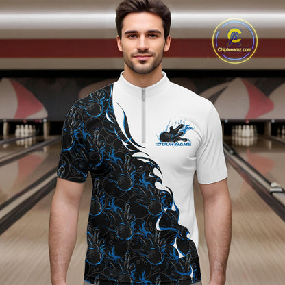 Male model in a bowling lane wearing white quarter zip shirt, front view showcasing blue and black flame bowling pattern with dynamic sports illustration