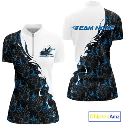 Front and back view of a womens white bowling quarter-zip shirt mockup featuring blue and black flame bowling pattern with energetic bowling-inspired graphics.