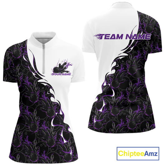 Front and back view of a womens white bowling quarter-zip shirt mockup with purple and black flame bowling pattern and vibrant sporty design elements.