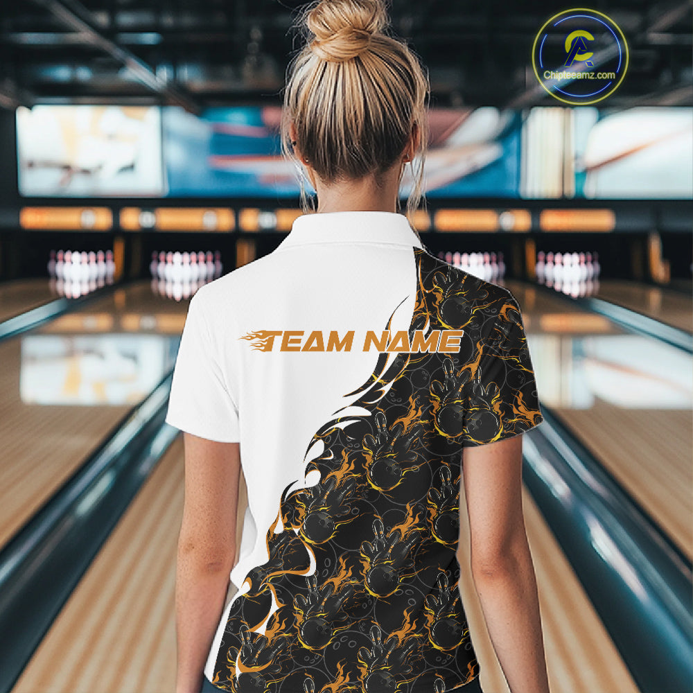 Back view of a female model in a bowling lane wearing a white polo shirt featuring yellow and black flame bowling pattern with energetic athletic styling.