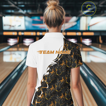 Back view of a female model in a bowling lane wearing a white polo shirt featuring yellow and black flame bowling pattern with energetic athletic styling.