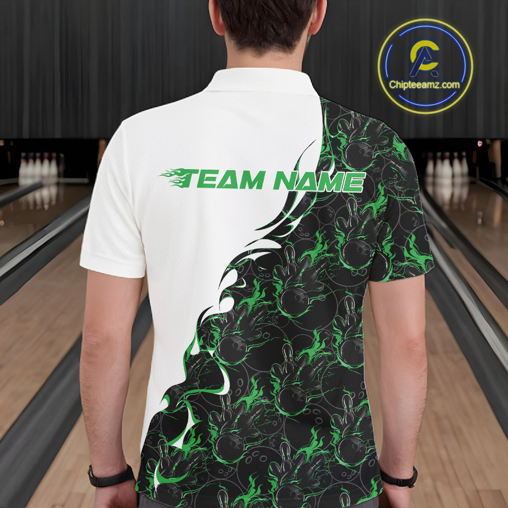 Back view of a male model in a bowling lane wearing a white polo shirt featuring green and black flame bowling pattern with athletic sports styling.