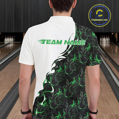 Back view of a male model in a bowling lane wearing a white polo shirt featuring green and black flame bowling pattern with athletic sports styling.