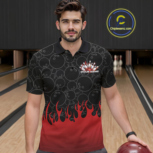 Front view of a male model in a bowling lane wearing a black polo shirt with vibrant red flames and bowling ball pattern with energetic bowling action design.