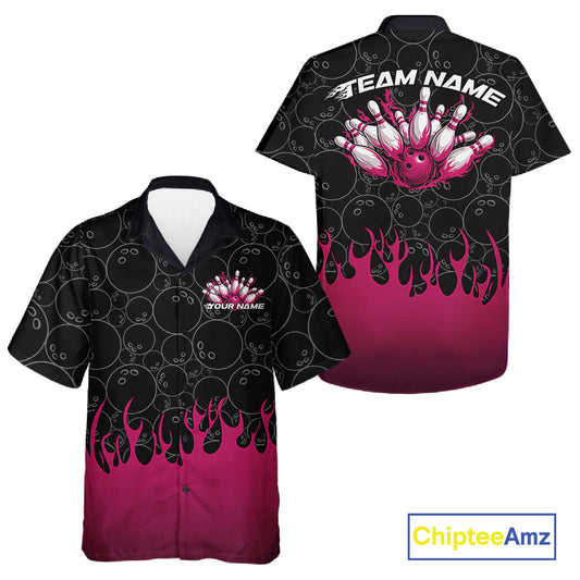 Front and back view of a black button-up bowling shirt mockup featuring bowling ball pattern with vibrant pink flames rising and bold sporty bowling artwork.