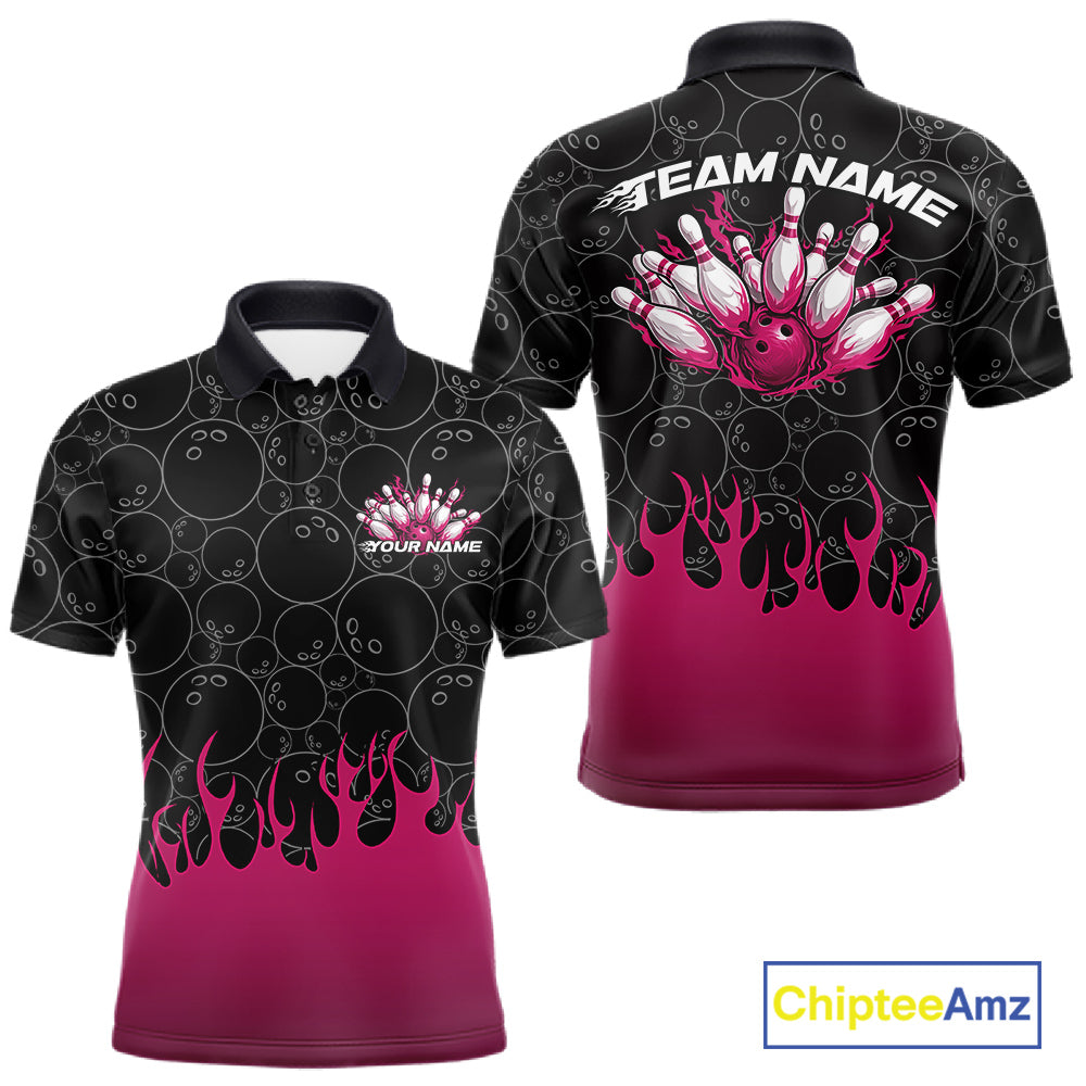 Front and back view of a mens black bowling polo shirt mockup featuring bowling ball pattern with vibrant pink flames rising and bold bowling design.