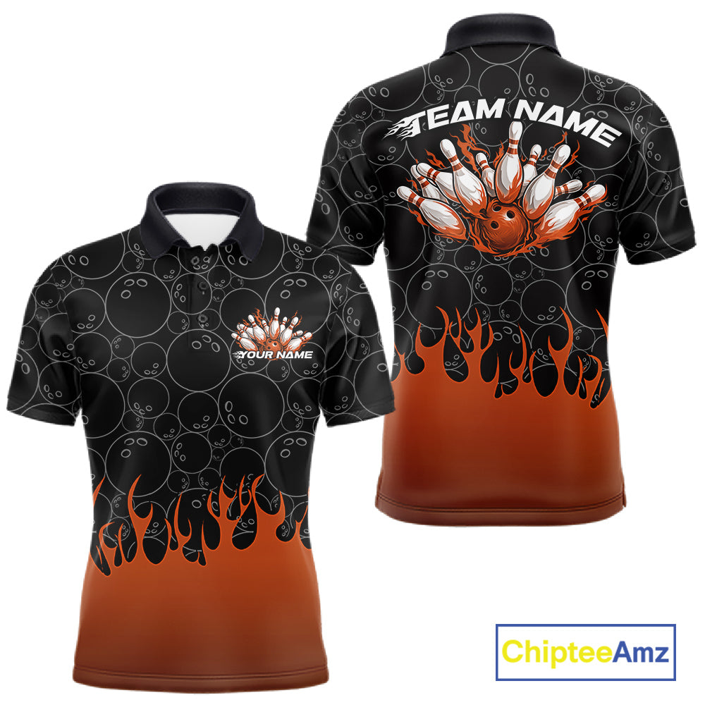 Front and back view of a mens black bowling polo shirt mockup featuring bowling ball pattern with vibrant orange flames rising and dynamic bowling graphics.