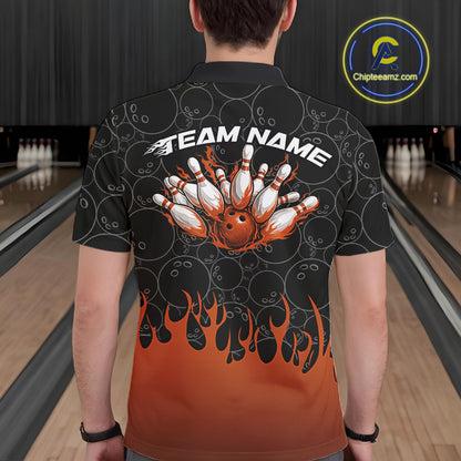 Back view of a male model in a bowling lane wearing a black polo shirt featuring vibrant orange flames and bowling ball pattern with energetic bowling visuals.