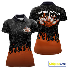 Load image into Gallery viewer, Custom Black And Orange Flame Bowling Team Jerseys, Women Polo Bowling Tournament Shirt IPHW11275