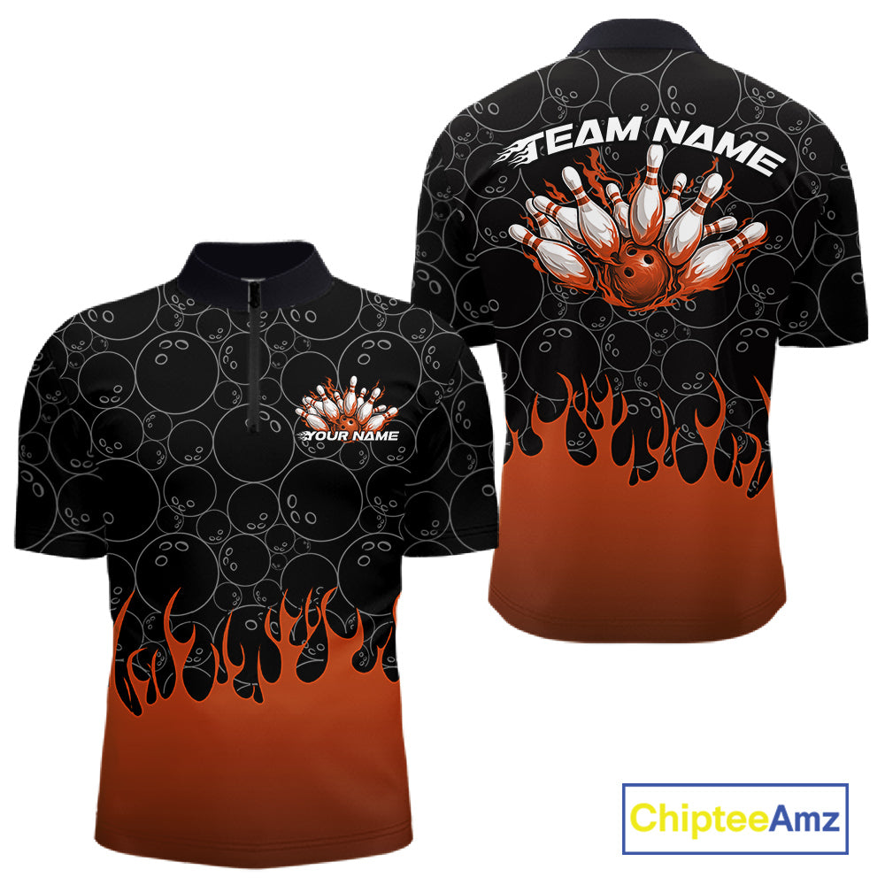 Mens quarter zip bowling shirt mockup displaying black shirt with bowling ball pattern and vibrant orange flames rising with a flaming bowling theme