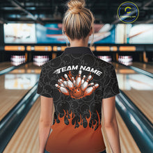 Load image into Gallery viewer, Custom Black And Orange Flame Bowling Jersey, Women Quarter-Zip Bowling Tournament Shirt IPHW11275