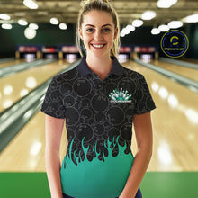 Load image into Gallery viewer, Custom Turquoise Green Flame Bowling Team Jerseys, Women Polo Bowling Tournament Shirt IPHW11276