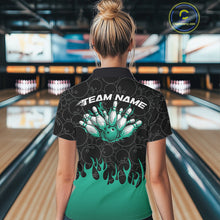 Load image into Gallery viewer, Custom Turquoise Green Flame Bowling Team Jerseys, Women Polo Bowling Tournament Shirt IPHW11276