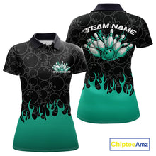 Load image into Gallery viewer, Custom Turquoise Green Flame Bowling Team Jerseys, Women Polo Bowling Tournament Shirt IPHW11276