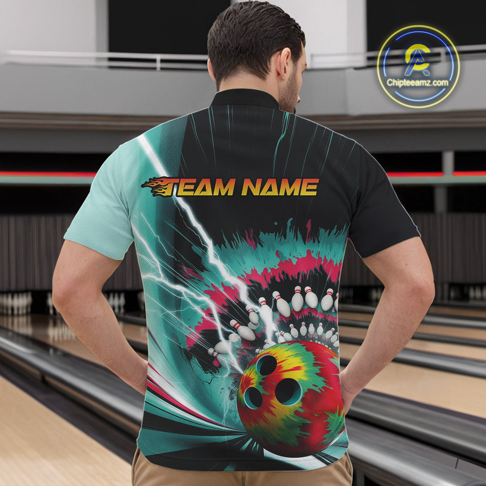 Custom Colorful Tie Dye Bowling Quarter-Zip Shirts For Men, Rainbow Bowlers Outfit IPHW9117