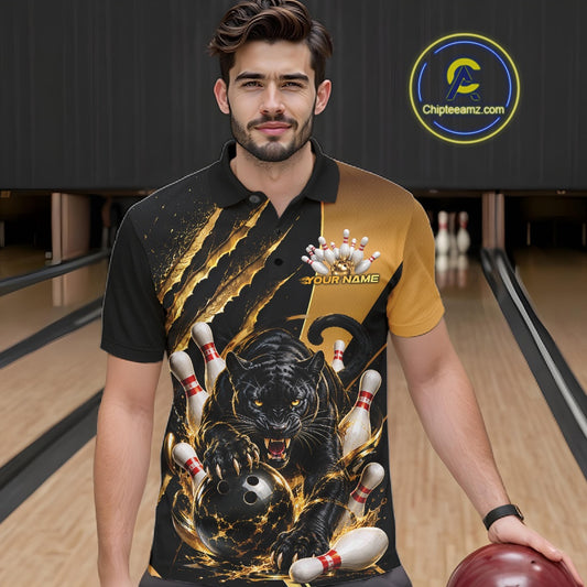 Custom Black And Gold Claw Marks Black Panther Men Bowling Polo Team Shirt IPHW11631