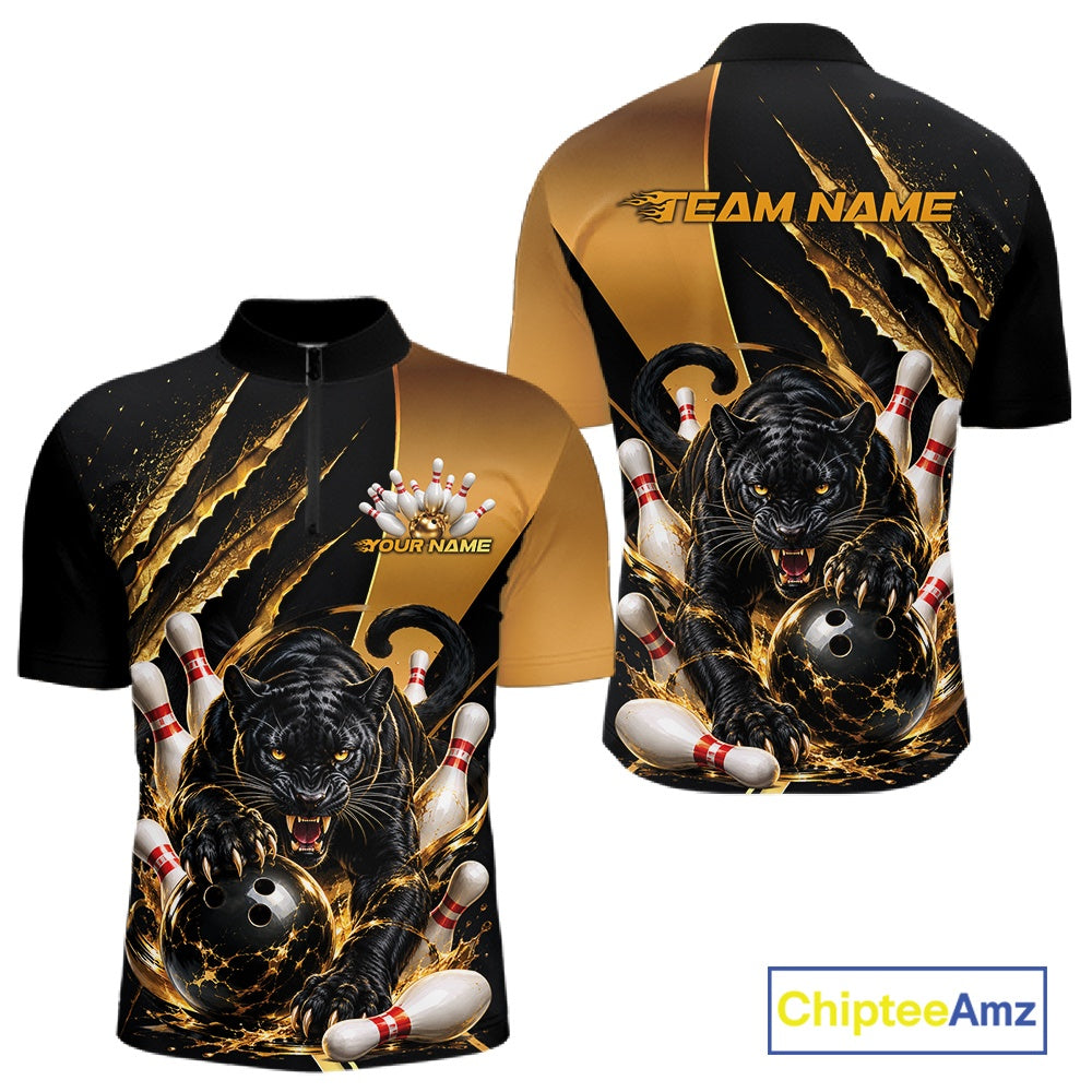 Custom Black And Gold Claw Marks Black Panther Men Bowling Quarter Zip Team Shirt IPHW11631