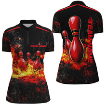 Load image into Gallery viewer, Black And Red Bowling Pins In Flame Custom Ladies Bowling Team Shirts, Bowling League Shirts IPHW7721