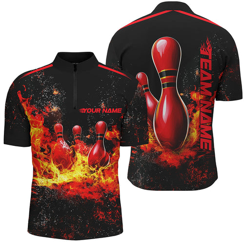 Black And Red Bowling Pins In Flame Custom Bowling Team Shirt For Men, Bowling League Shirts IPHW7721