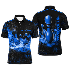 Black And Blue Bowling Pins In Flame Custom Bowling Team Shirt For Men, Bowling League Shirts IPHW7722