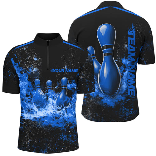 Black And Blue Bowling Pins In Flame Custom Bowling Team Shirt For Men, Bowling League Shirts IPHW7722