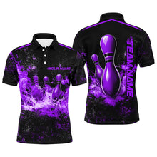 Load image into Gallery viewer, Black And Purple Bowling Pins In Flame Custom Bowling Team Shirt For Men, Bowling League Shirts IPHW7723