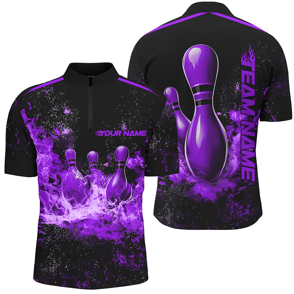 Black And Purple Bowling Pins In Flame Custom Bowling Team Shirt For Men, Bowling League Shirts IPHW7723