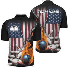 Load image into Gallery viewer, Flaming Bowling Ball Custom Patriotic Bowling Team Shirts For Men, US Flag Bowling League Shirt IPHW7725