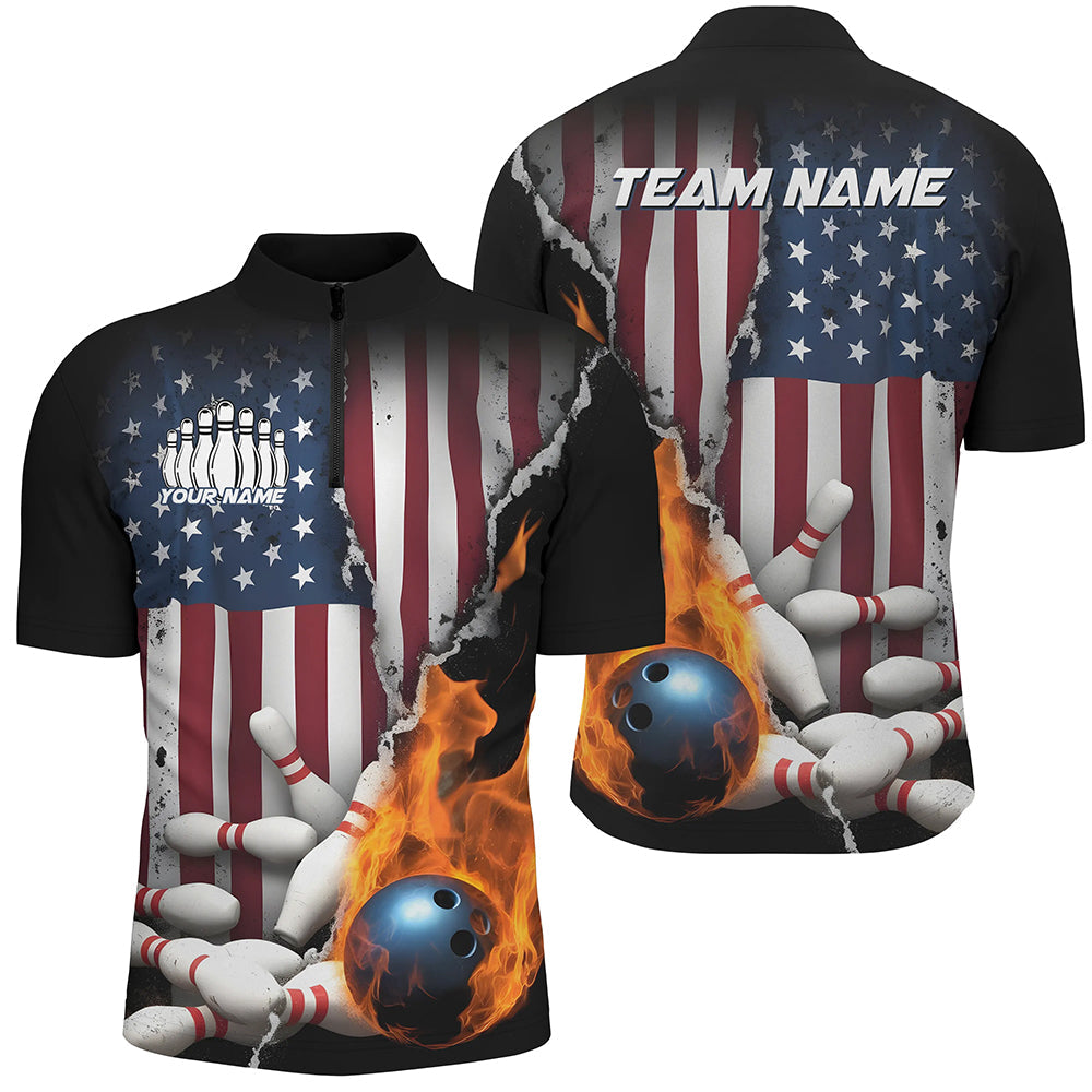 Flaming Bowling Ball Custom Patriotic Bowling Team Shirts For Men, US Flag Bowling League Shirt IPHW7725