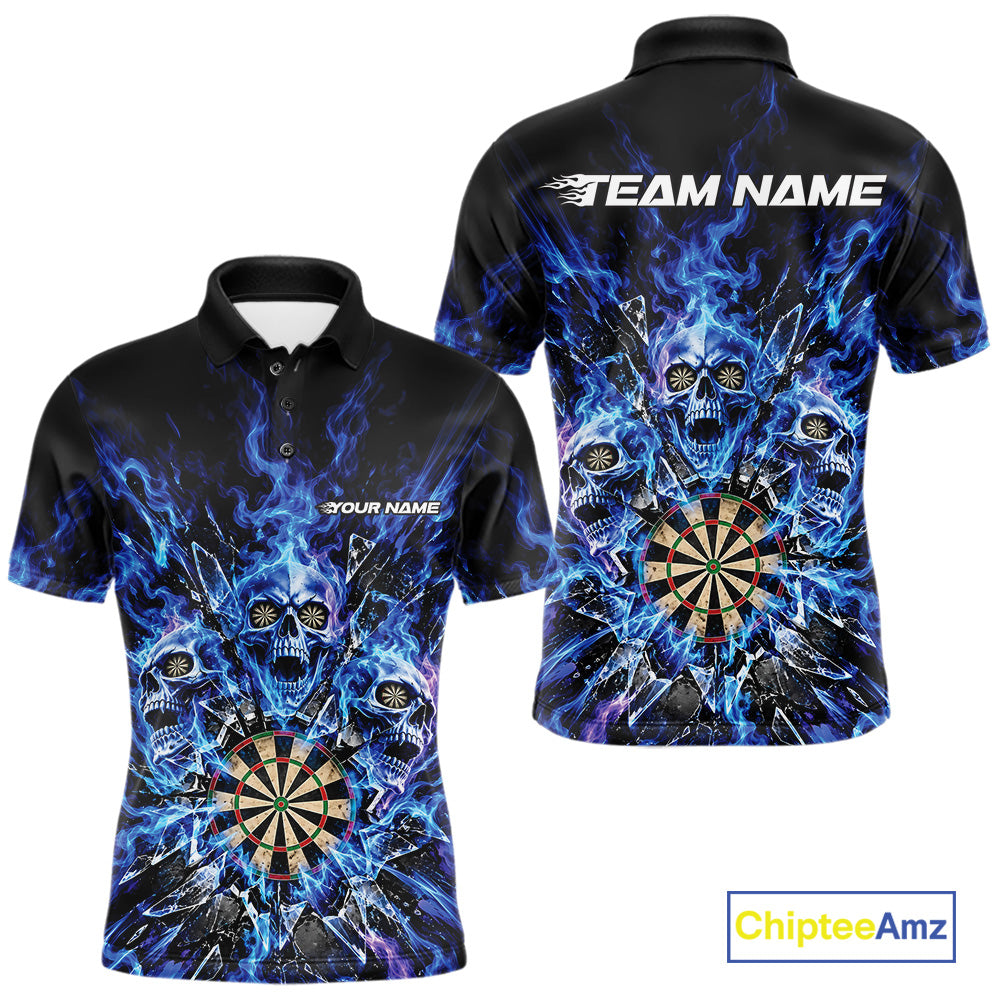Custom Blue Flame Skull Dart Men Polo Shirt, Break Glass Shard Dart Outfit IPHW12595