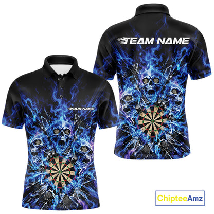 Custom Blue Flame Skull Dart Men Polo Shirt, Break Glass Shard Dart Outfit IPHW12595