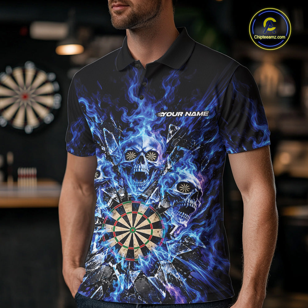 Custom Blue Flame Skull Dart Men Polo Shirt, Break Glass Shard Dart Outfit IPHW12595