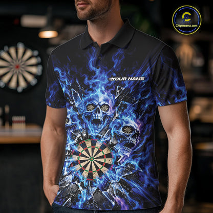 Custom Blue Flame Skull Dart Men Polo Shirt, Break Glass Shard Dart Outfit IPHW12595