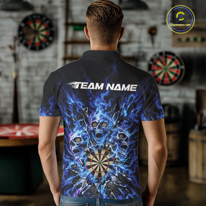 Custom Blue Flame Skull Dart Men Polo Shirt, Break Glass Shard Dart Outfit IPHW12595