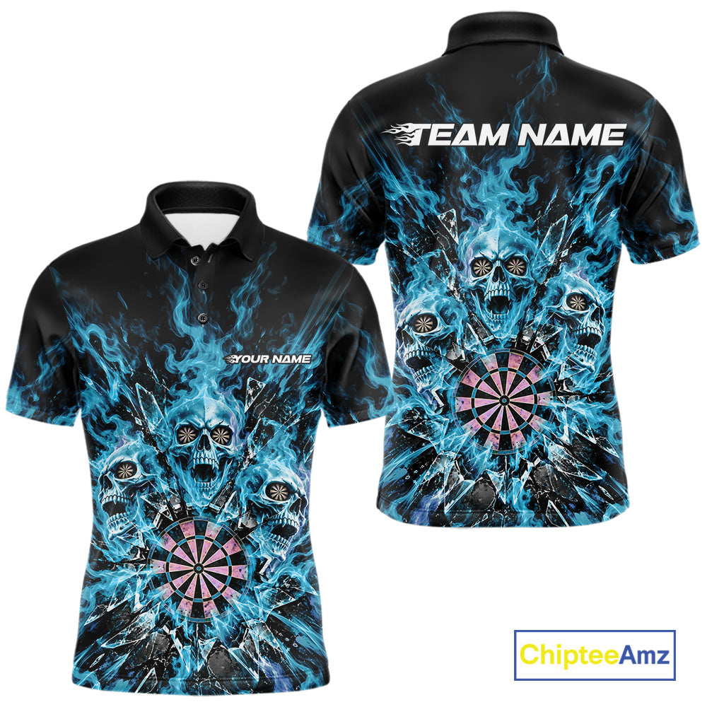Custom Cyan Blue Flame Skull Dart Men Polo Shirt, Break Glass Shard Dart Outfit IPHW12596