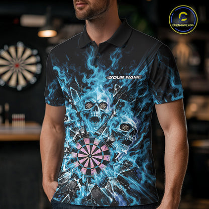 Custom Cyan Blue Flame Skull Dart Men Polo Shirt, Break Glass Shard Dart Outfit IPHW12596