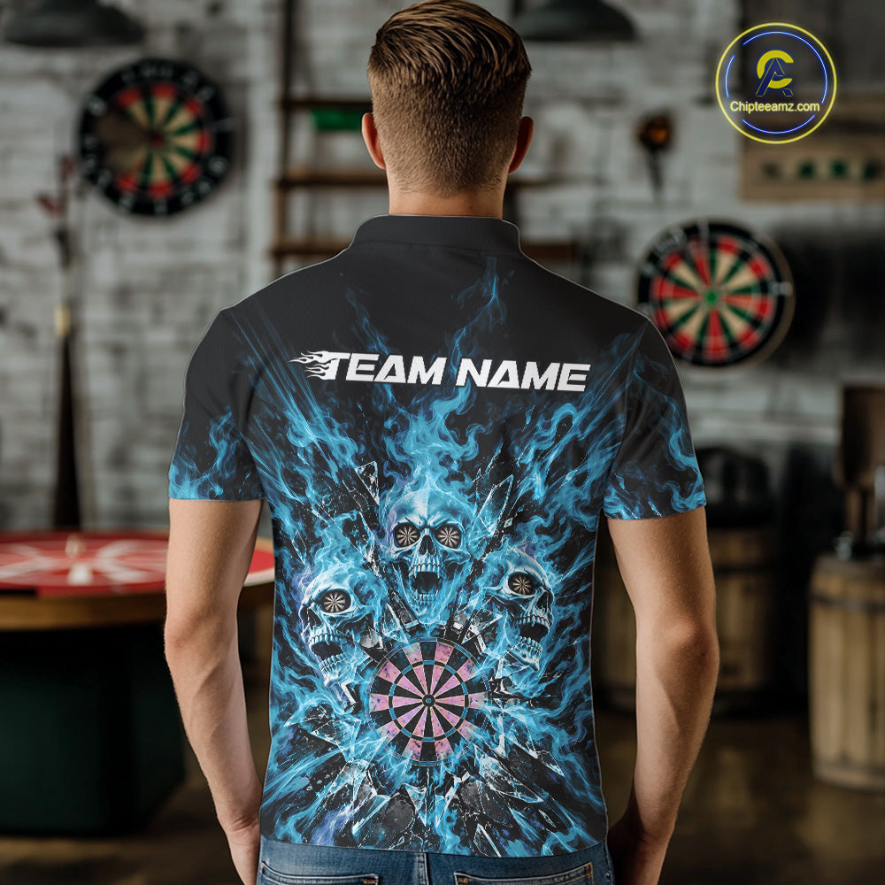 Custom Cyan Blue Flame Skull Dart Men Polo Shirt, Break Glass Shard Dart Outfit IPHW12596