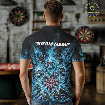 Custom Cyan Blue Flame Skull Dart Men Polo Shirt, Break Glass Shard Dart Outfit IPHW12596