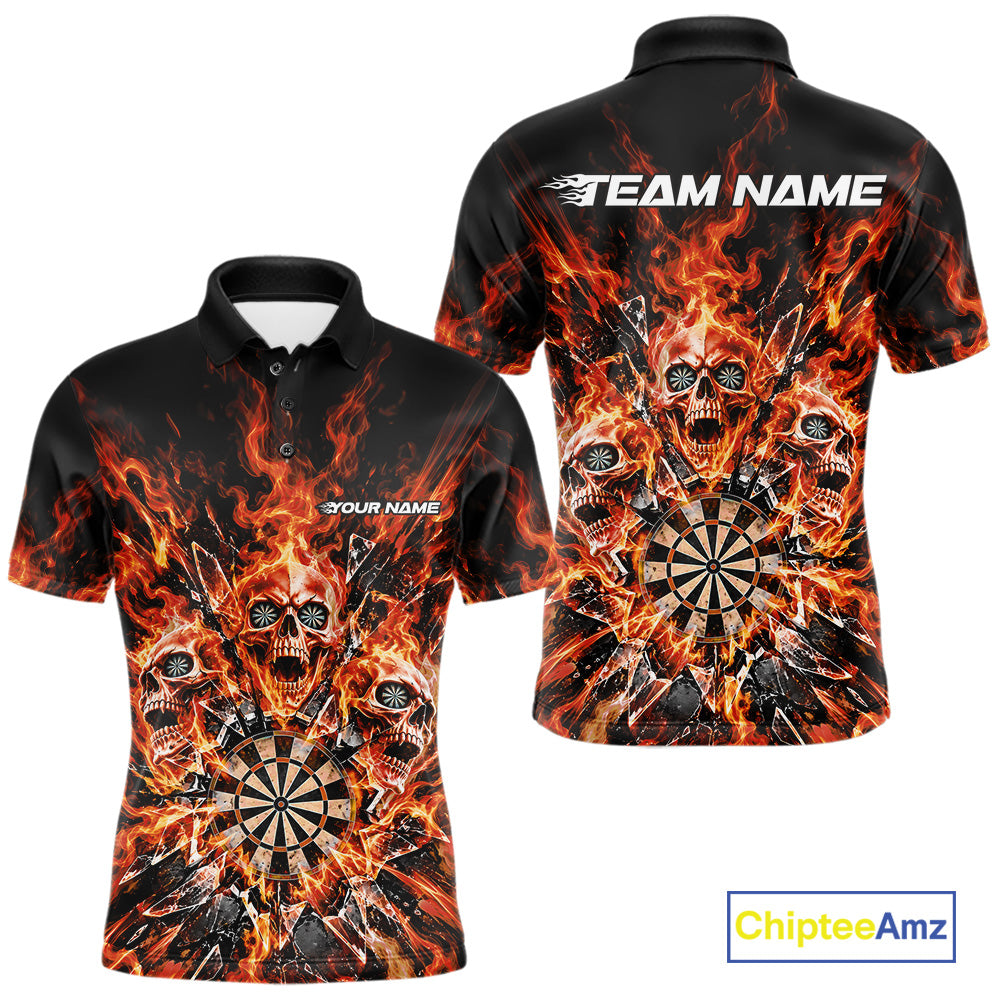 Custom Orange Flame Skull Dart Men Polo Shirt, Break Glass Shard Dart Outfit IPHW12597