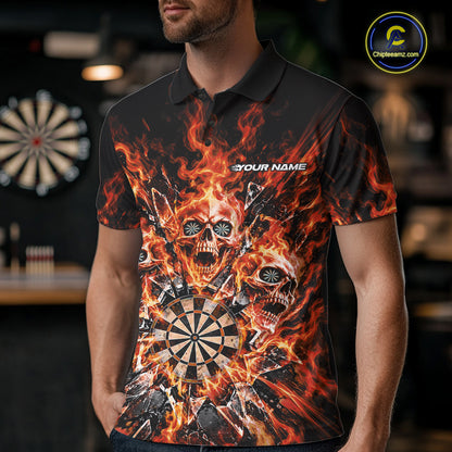Custom Orange Flame Skull Dart Men Polo Shirt, Break Glass Shard Dart Outfit IPHW12597