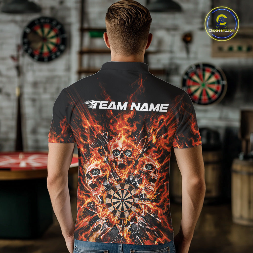 Custom Orange Flame Skull Dart Men Polo Shirt, Break Glass Shard Dart Outfit IPHW12597