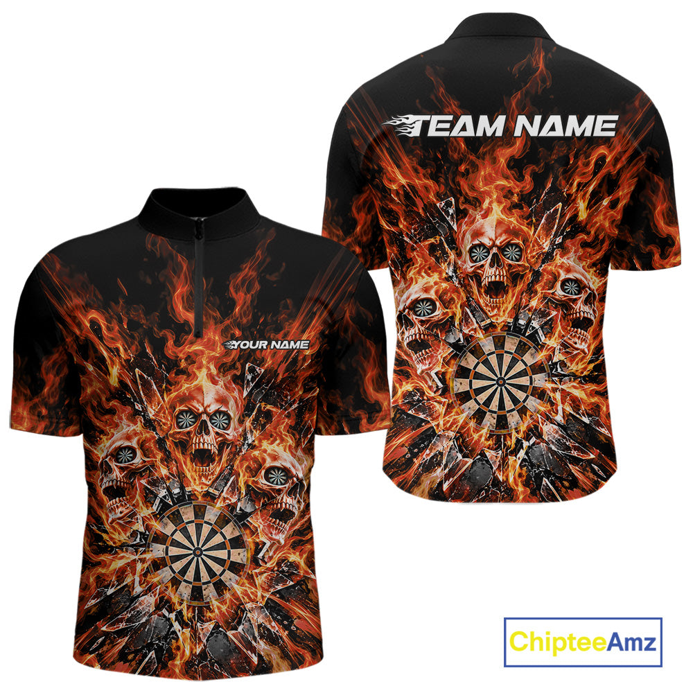 Custom Orange Flame Skull Dart Men Quarter Zip Shirt, Break Glass Shard Dart Outfit IPHW12597