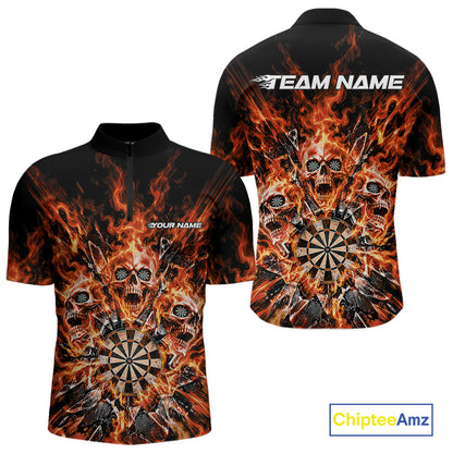Custom Orange Flame Skull Dart Men Quarter Zip Shirt, Break Glass Shard Dart Outfit IPHW12597