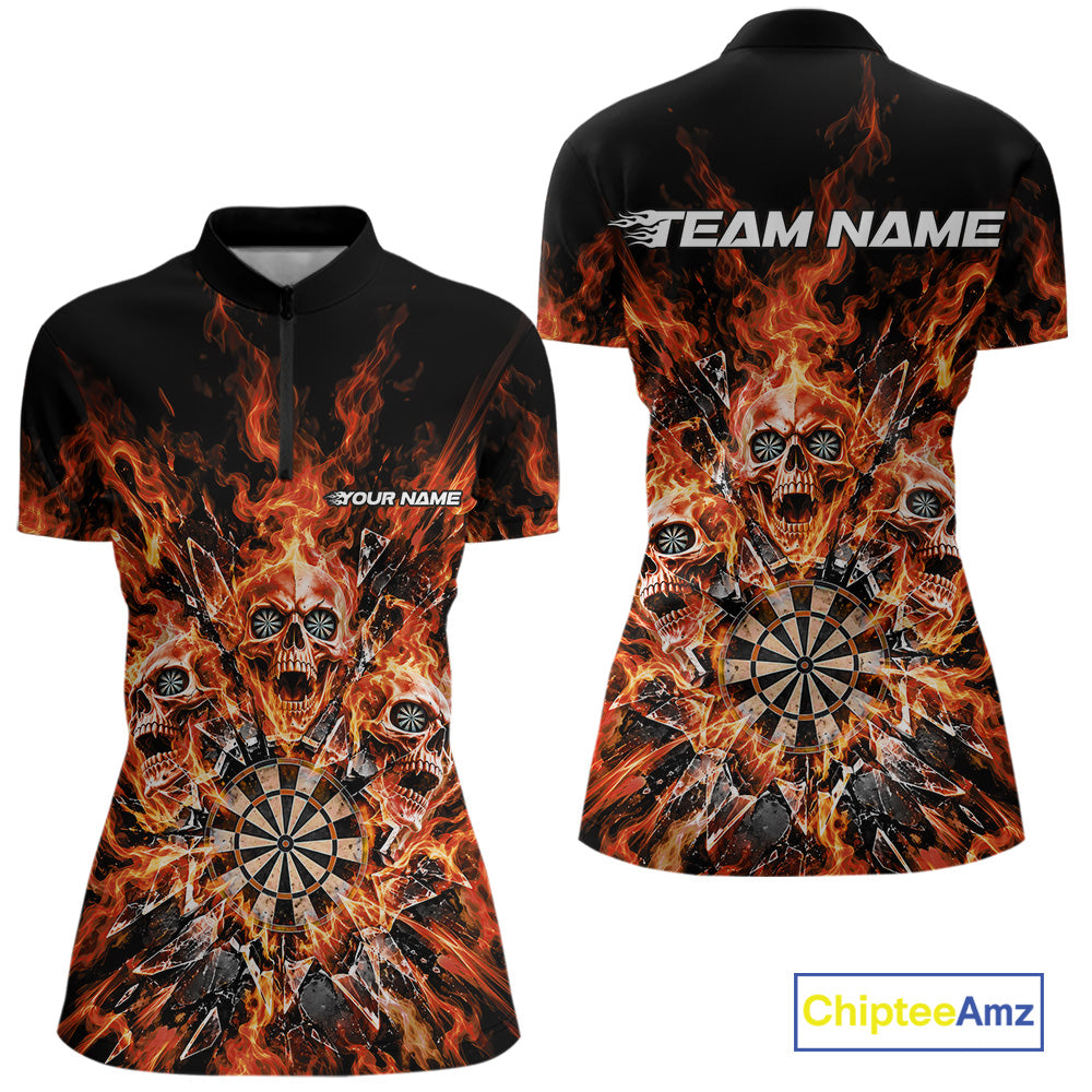 Custom Orange Flame Skull Dart Women Quarter-Zip Shirt, Break Glass Shard Dart Outfit IPHW12597
