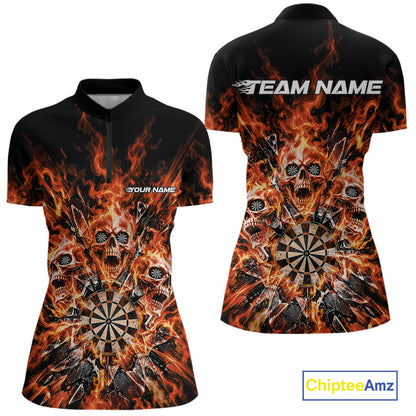 Custom Orange Flame Skull Dart Women Quarter-Zip Shirt, Break Glass Shard Dart Outfit IPHW12597