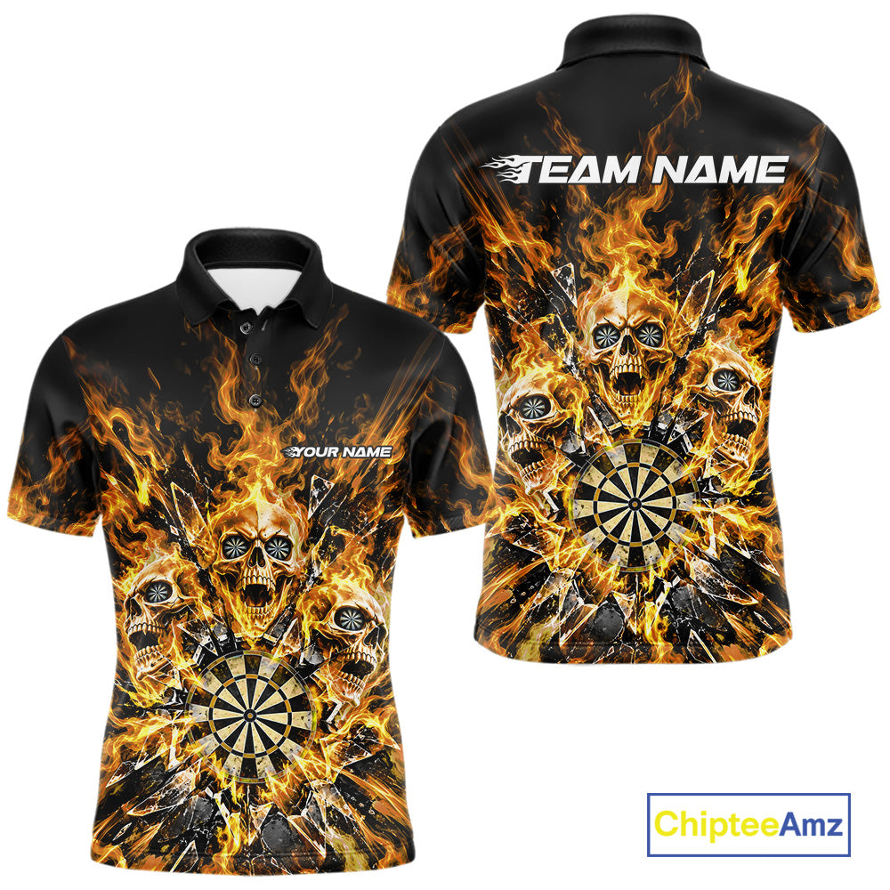 Custom Yellow Flame Skull Dart Men Polo Shirt, Break Glass Shard Dart Outfit IPHW12598