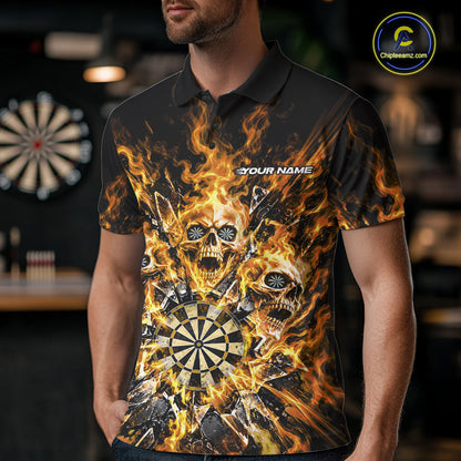Custom Yellow Flame Skull Dart Men Polo Shirt, Break Glass Shard Dart Outfit IPHW12598