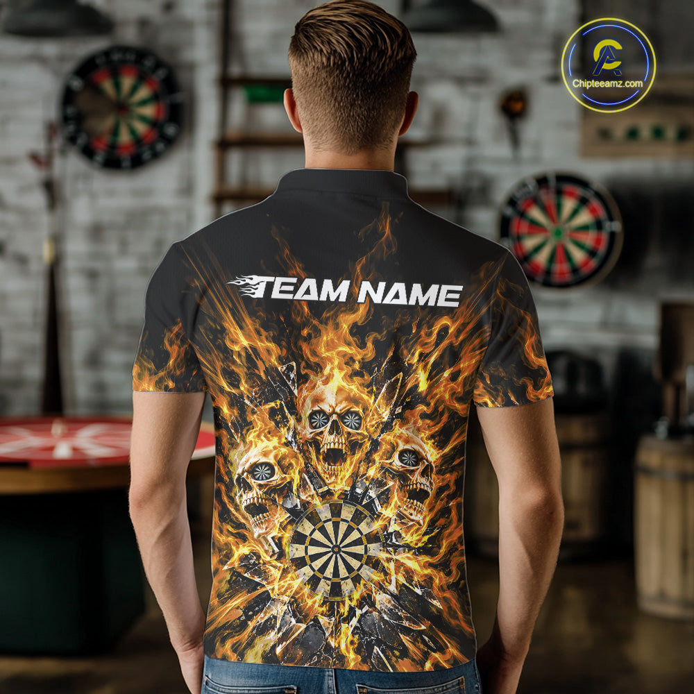 Custom Yellow Flame Skull Dart Men Polo Shirt, Break Glass Shard Dart Outfit IPHW12598